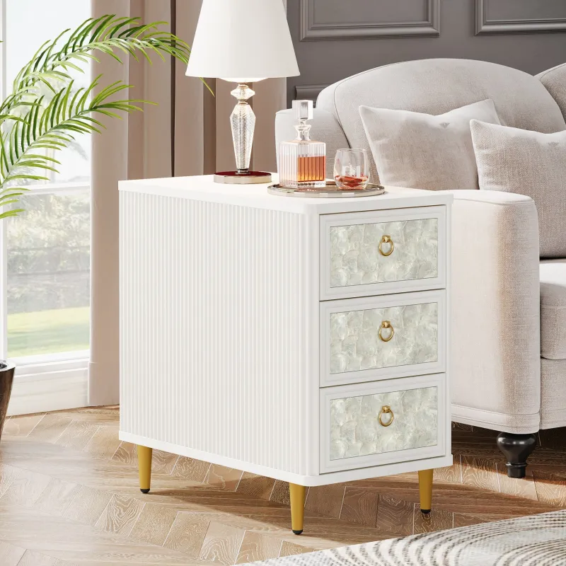 Tribesigns End & Side Tables*3 - Drawer End Table, Modern Side Table With Shell - Decorated