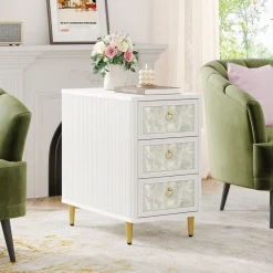 Tribesigns End & Side Tables*3 - Drawer End Table, Modern Side Table With Shell - Decorated