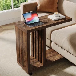 Tribesigns End & Side Tables*2 - Tier End Table, C - Shaped Wood Side Table with Lockable Wheels