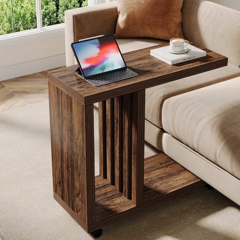 Tribesigns End & Side Tables*2 - Tier End Table, C - Shaped Wood Side Table with Lockable Wheels