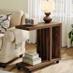Tribesigns End & Side Tables*2 - Tier End Table, C - Shaped Wood Side Table with Lockable Wheels