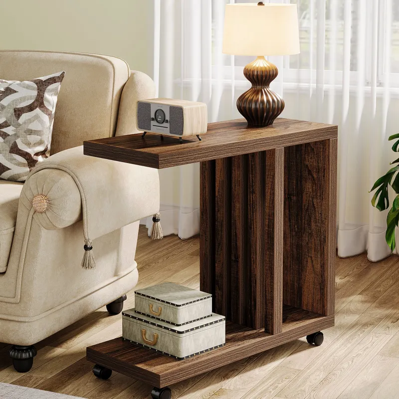 Tribesigns End & Side Tables*2 - Tier End Table, C - Shaped Wood Side Table with Lockable Wheels