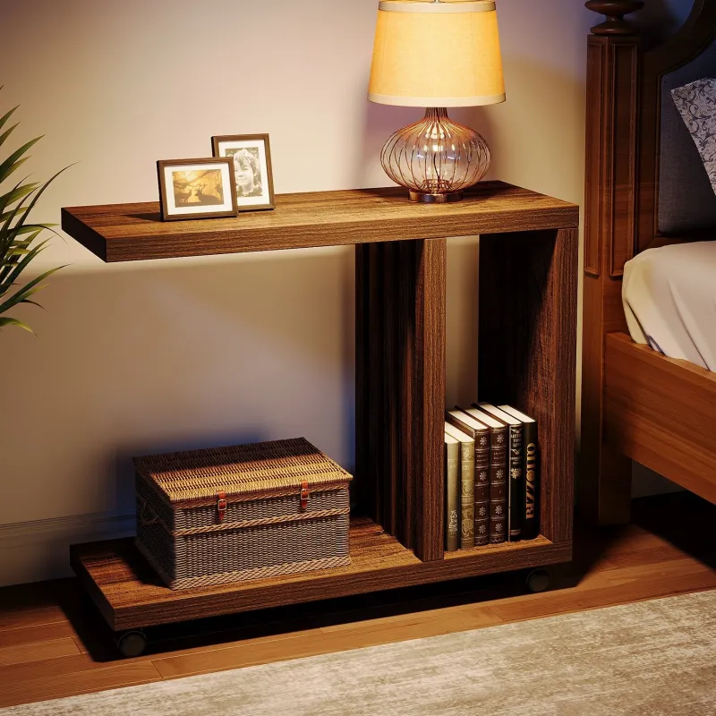 Tribesigns End & Side Tables*2 - Tier End Table, C - Shaped Wood Side Table with Lockable Wheels