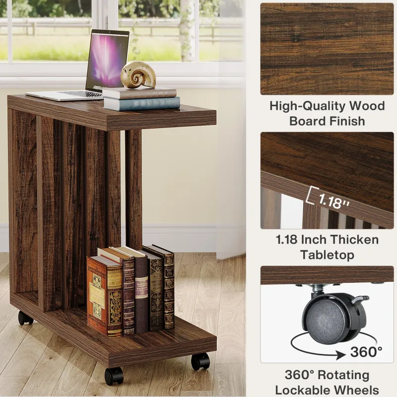 Tribesigns End & Side Tables*2 - Tier End Table, C - Shaped Wood Side Table with Lockable Wheels