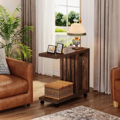 Tribesigns End & Side Tables*2 - Tier End Table, C - Shaped Wood Side Table with Lockable Wheels