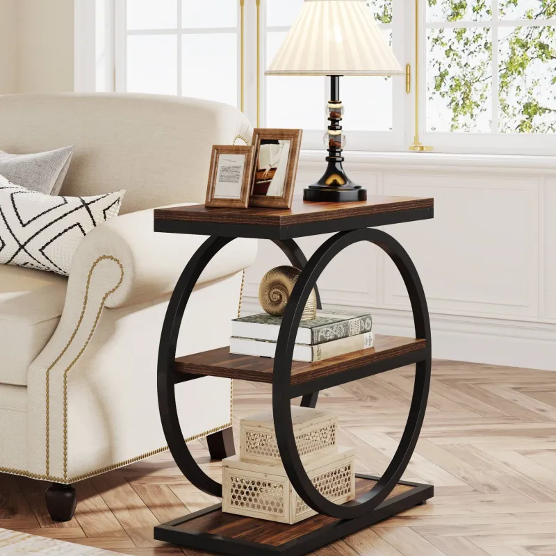 Tribesigns End & Side Tables*3 - Tier End Table, Industrial Sofa Side Table with Round Metal Frame