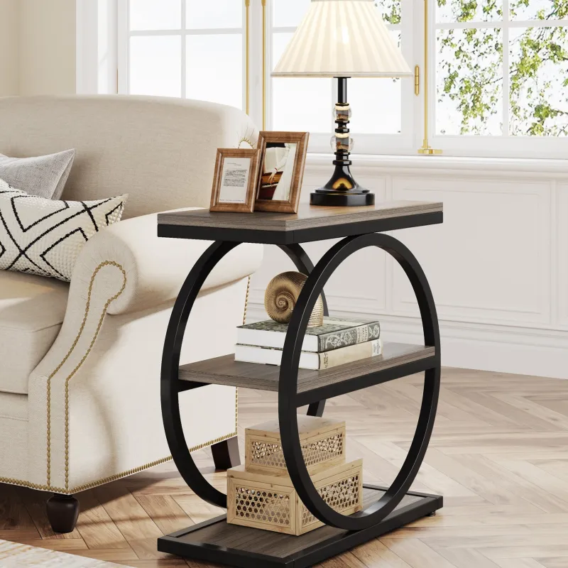 Tribesigns End & Side Tables*3 - Tier End Table, Industrial Sofa Side Table with Round Metal Frame
