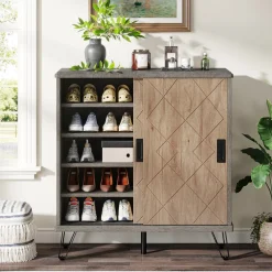 Tribesigns Shoe Racks & Cabinets|Shoe Racks & Cabinets*5 - Tier Shoe Cabinet with Sliding Doors, Wood Shoe Organizer with Metal Legs