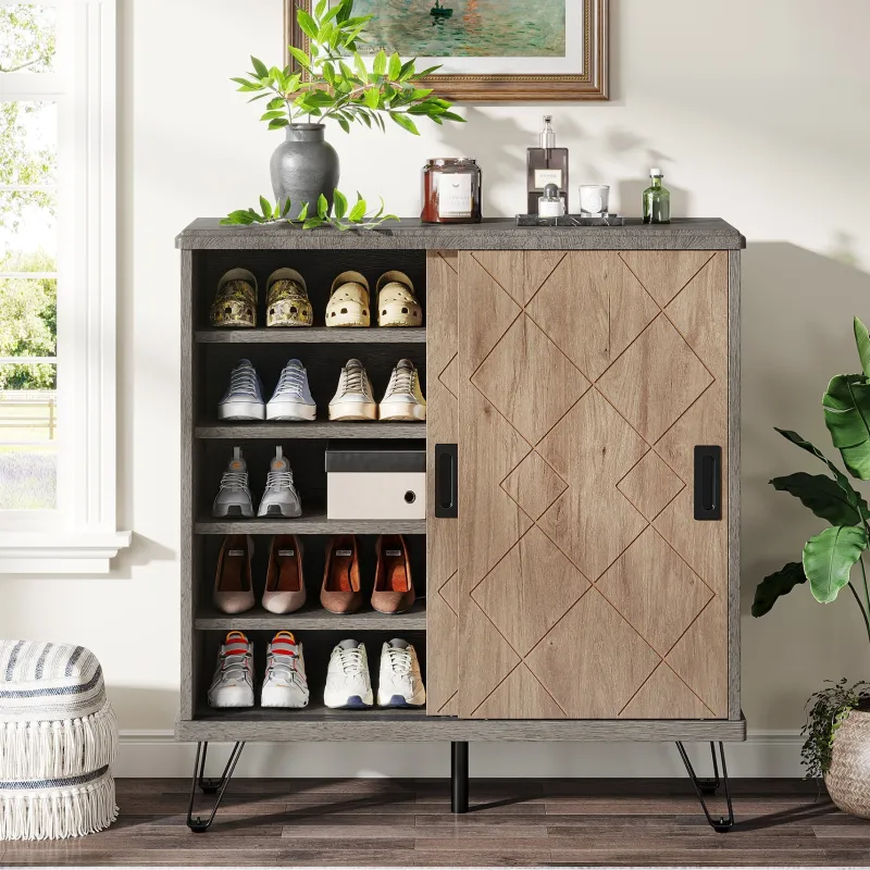 Tribesigns Shoe Racks & Cabinets|Shoe Racks & Cabinets*5 - Tier Shoe Cabinet with Sliding Doors, Wood Shoe Organizer with Metal Legs