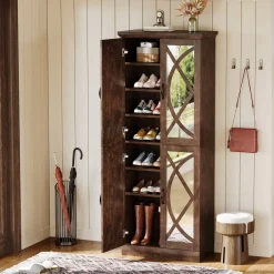 Tribesigns Shoe Racks & Cabinets|Shoe Racks & Cabinets*8 - Tier Shoe Rack, Vintage Shoe Storage Cabinet With 4 Mirrored Doors