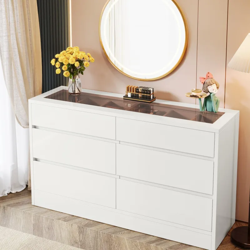 Tribesigns Chests Of Drawers*55" Chest of Dresser, 6 Drawer Dresser Organizer with Glass Top