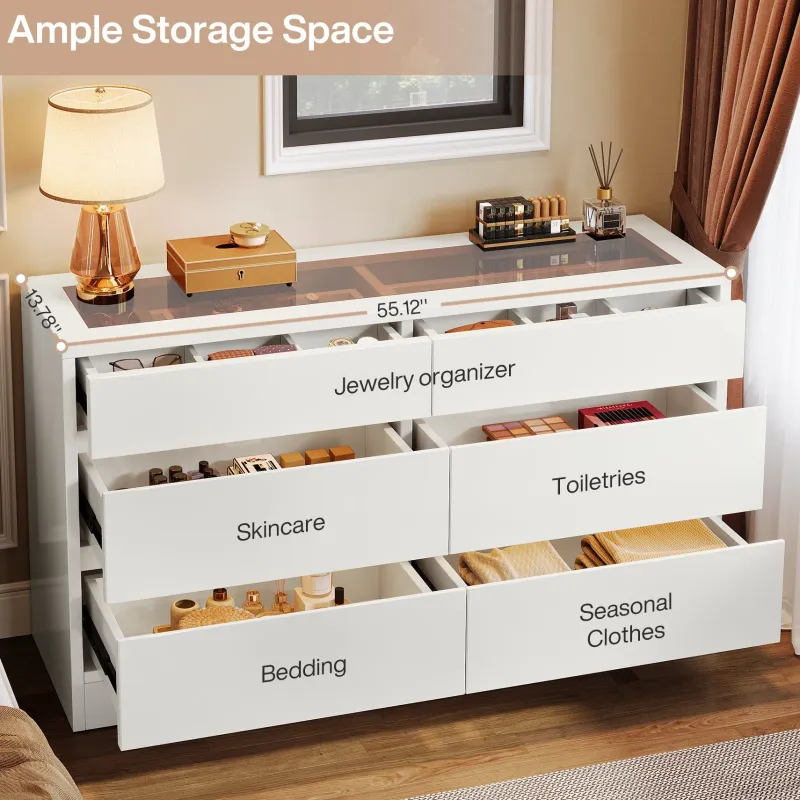 Tribesigns Chests Of Drawers*55" Chest of Dresser, 6 Drawer Dresser Organizer with Glass Top
