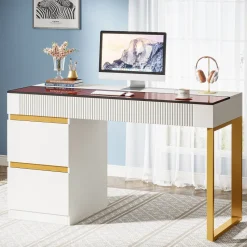 Tribesigns Desks*47.24" Computer Desk, 4-Drawer Writing Desk with Glass Top