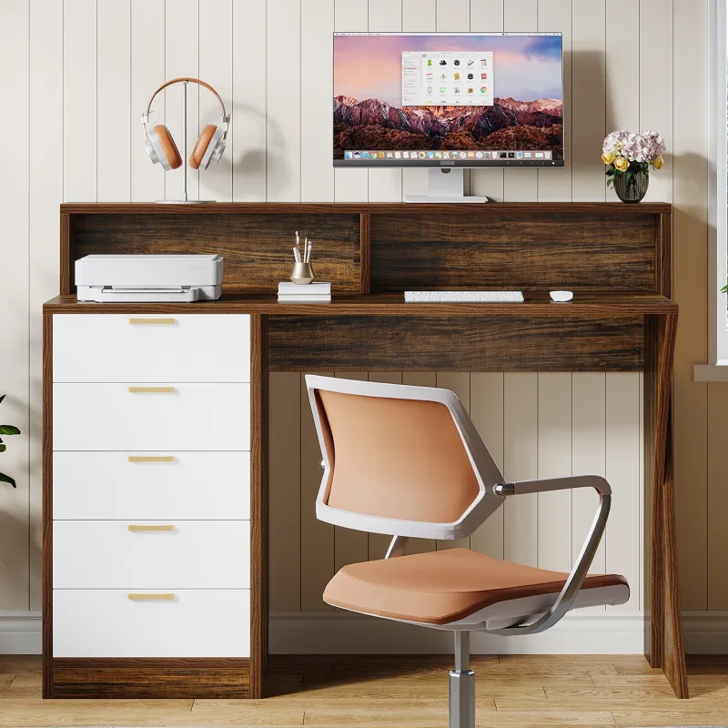 Tribesigns Desks*47" Computer Desk, Home Office Desk with Monitor Stand and 5 Drawers