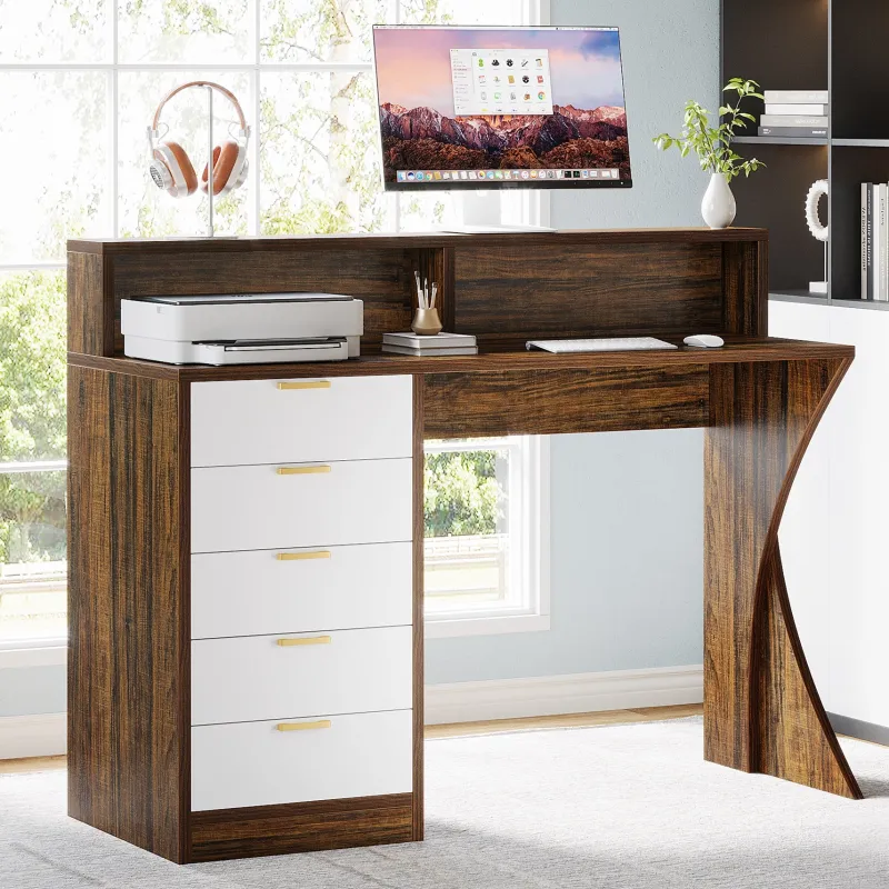 Tribesigns Desks*47" Computer Desk, Home Office Desk with Monitor Stand and 5 Drawers