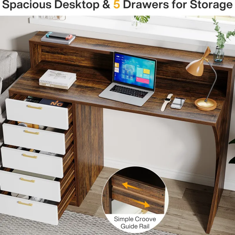 Tribesigns Desks*47" Computer Desk, Home Office Desk with Monitor Stand and 5 Drawers