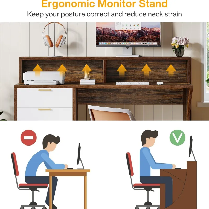 Tribesigns Desks*47" Computer Desk, Home Office Desk with Monitor Stand and 5 Drawers