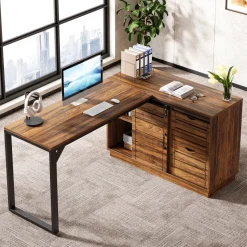 Tribesigns Desks*55" Computer Desk, L - Shaped Corner Desk Office Desk with File Drawers
