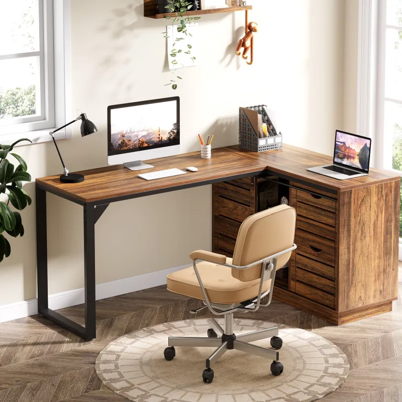 Tribesigns Desks*55" Computer Desk, L - Shaped Corner Desk Office Desk with File Drawers
