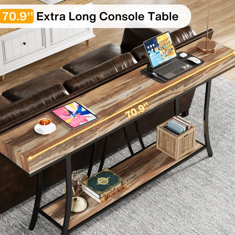 Tribesigns Console Tables|Console Tables*70.9" Console Table, Industrial Narrow Sofa Table with Storage Shelves