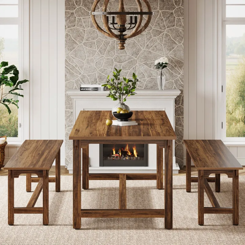 Tribesigns Dining Tables*55" Dining Table Set, 3 - Piece Kitchen Table Set with 2 Benches