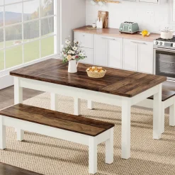 Tribesigns Dining Tables*55" Dining Table Set, 3 Pieces Wood Kitchen Table with 2 Benches