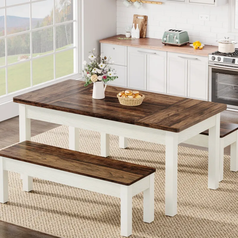 Tribesigns Dining Tables*55" Dining Table Set, 3 Pieces Wood Kitchen Table with 2 Benches