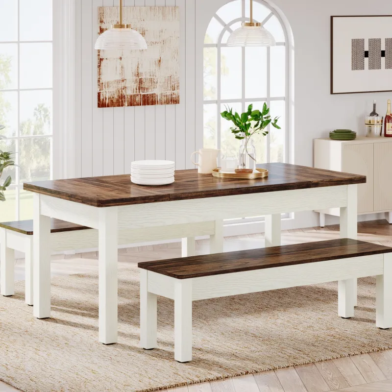 Tribesigns Dining Tables*55" Dining Table Set, 3 Pieces Wood Kitchen Table with 2 Benches