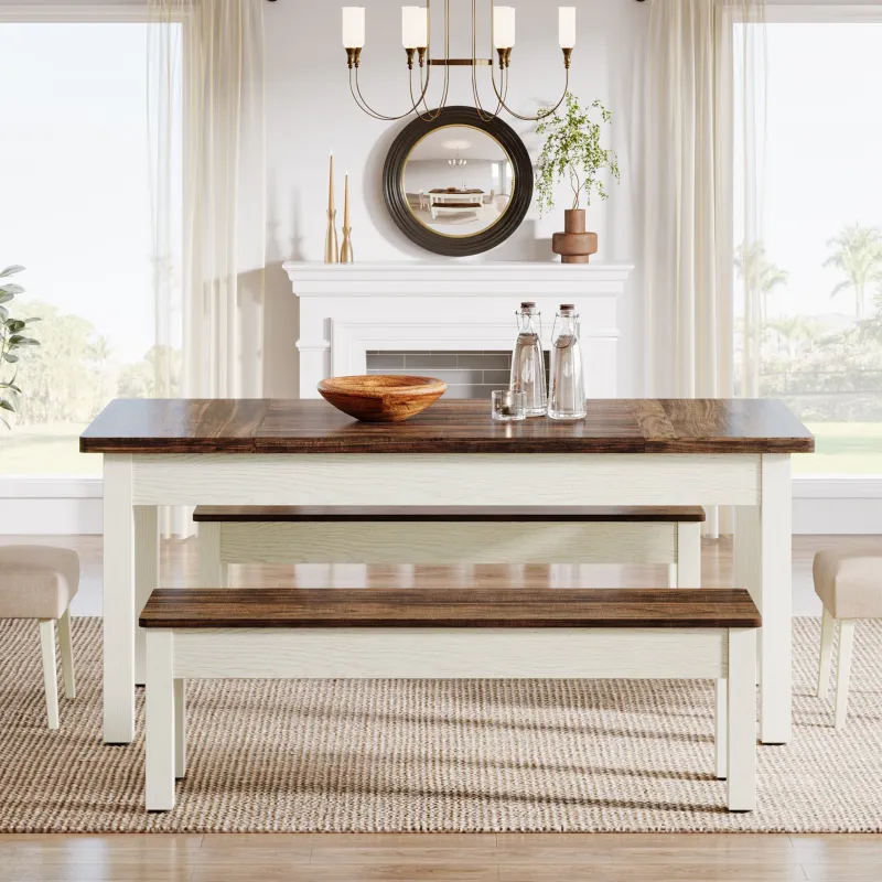 Tribesigns Dining Tables*55" Dining Table Set, 3 Pieces Wood Kitchen Table with 2 Benches