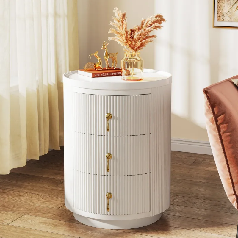 Tribesigns Nightstands*3 Drawers Nightstand, Modern Round Side End Table with Storage