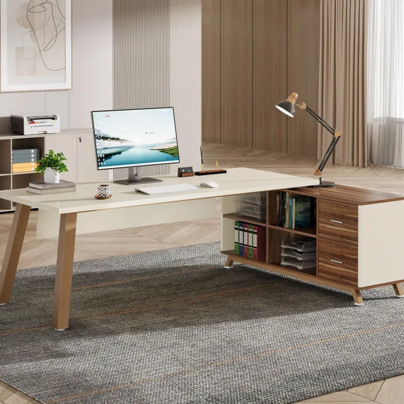 Tribesigns Desks*71" Executive Desk, L - Shaped Computer Desk Office Desk with File Cabinet