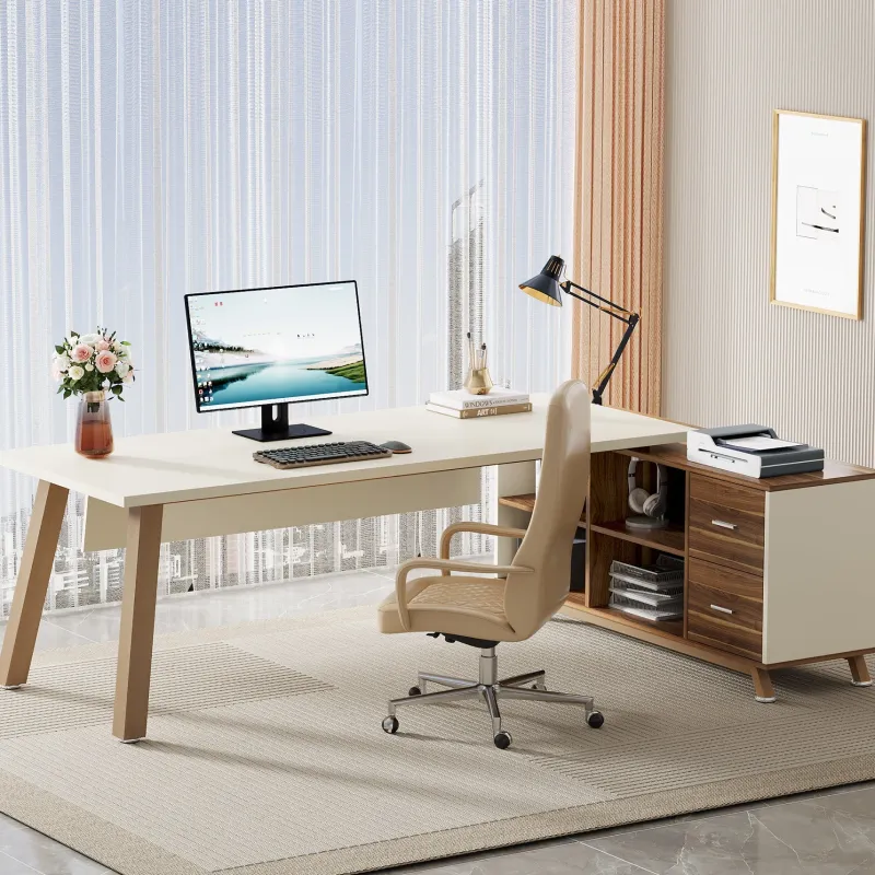 Tribesigns Desks*71" Executive Desk, L - Shaped Computer Desk Office Desk with File Cabinet
