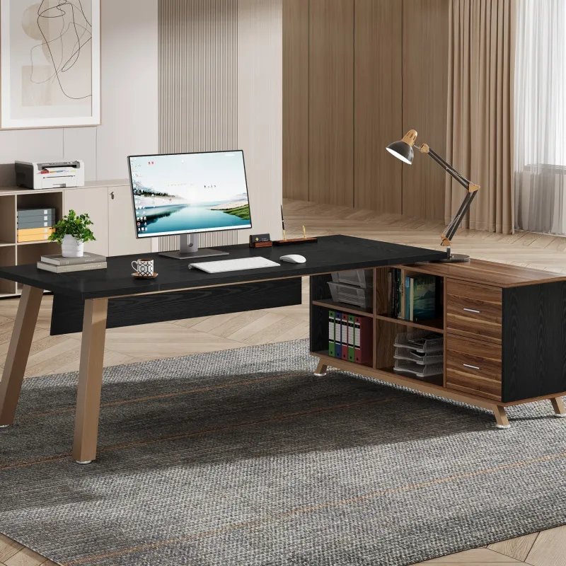 Tribesigns Desks*71" Executive Desk, L - Shaped Computer Desk Office Desk with File Cabinet