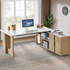 Tribesigns Desks*74" Executive Desk, L - Shaped Computer Desk Office Desk With Cabinet