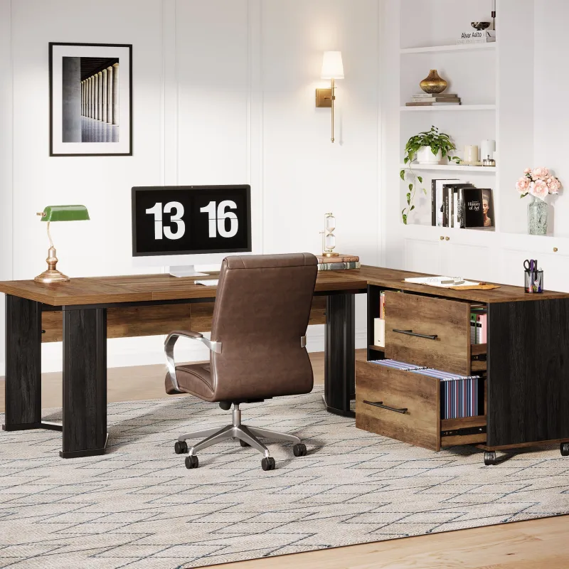 Tribesigns Desks*70.8" Executive Desk, L - Shaped Home Office Desk with File Cabinet