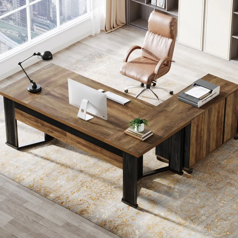 Tribesigns Desks*70.8" Executive Desk, L - Shaped Home Office Desk with File Cabinet