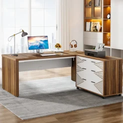 Tribesigns Desks*63" Executive Desk, L Shaped Computer Desk with Storage Cabinet and Drawers