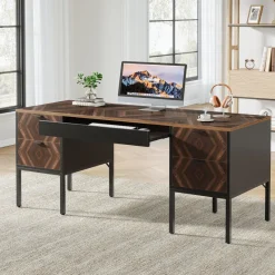 Tribesigns Desks*63" Executive Desk, Rustic Computer Office Desk with 4 Drawers