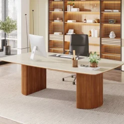 Tribesigns Desks*78.7" Executive Desk, Travertine Slab Computer Desk With Semi - Circular Base