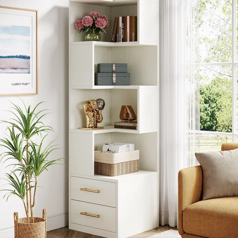 Tribesigns Bookcases & Bookshelves|Bookcases & Bookshelves*66.9" L - Shaped Bookshelf, Corner Bookcase With 5 - Tier Shelf And 2 Drawers