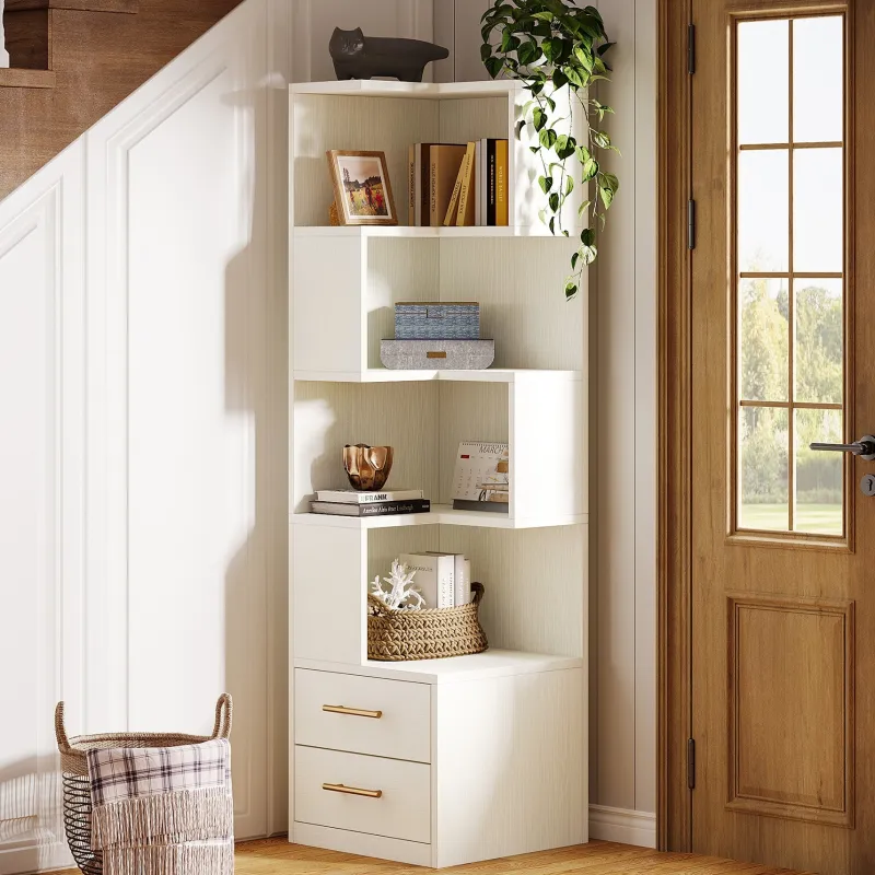 Tribesigns Bookcases & Bookshelves|Bookcases & Bookshelves*66.9" L - Shaped Bookshelf, Corner Bookcase With 5 - Tier Shelf And 2 Drawers