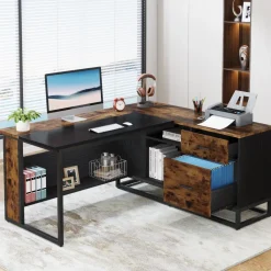 Tribesigns Desks*63" L-Shaped Desk, Large Executive Business Desk with Drawers and Shelves