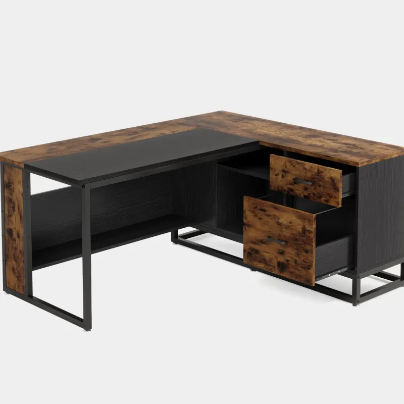 Tribesigns Desks*63" L-Shaped Desk, Large Executive Business Desk with Drawers and Shelves