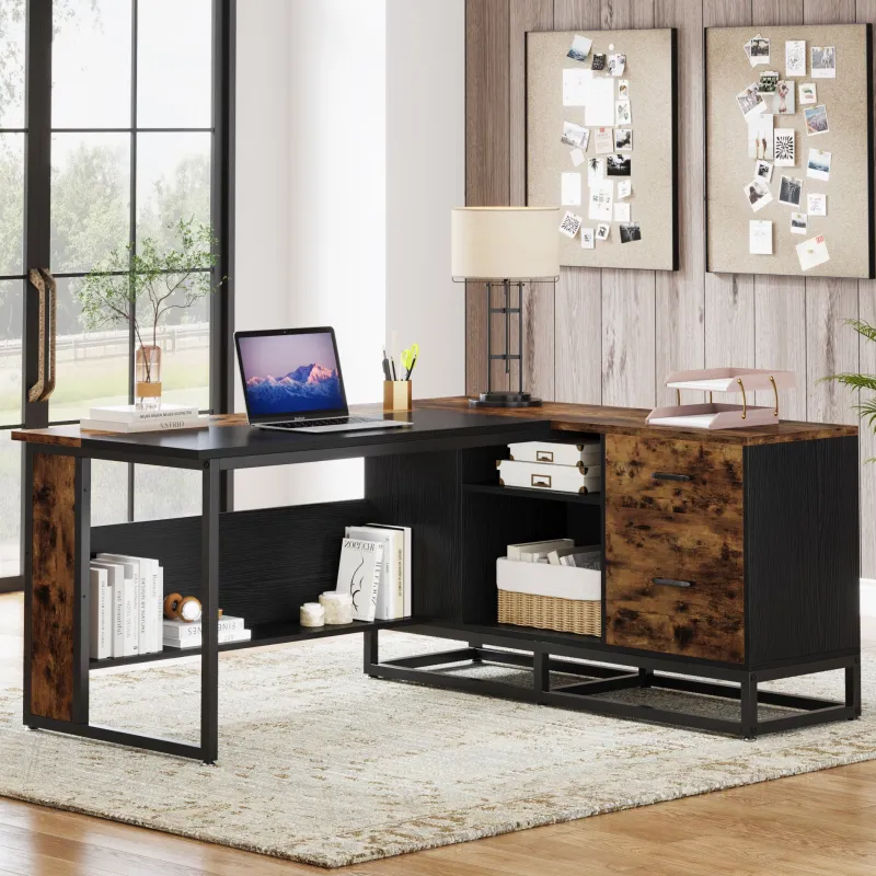 Tribesigns Desks*63" L-Shaped Desk, Large Executive Business Desk with Drawers and Shelves
