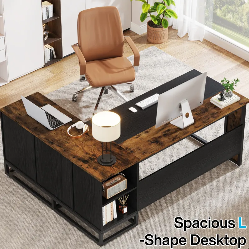Tribesigns Desks*63" L-Shaped Desk, Large Executive Business Desk with Drawers and Shelves