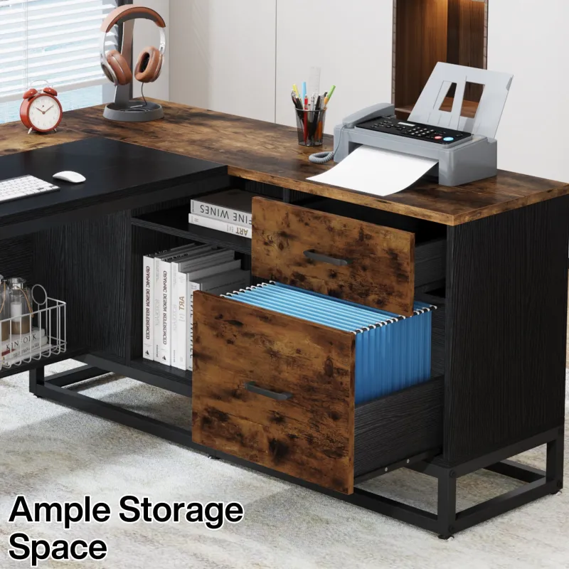 Tribesigns Desks*63" L-Shaped Desk, Large Executive Business Desk with Drawers and Shelves