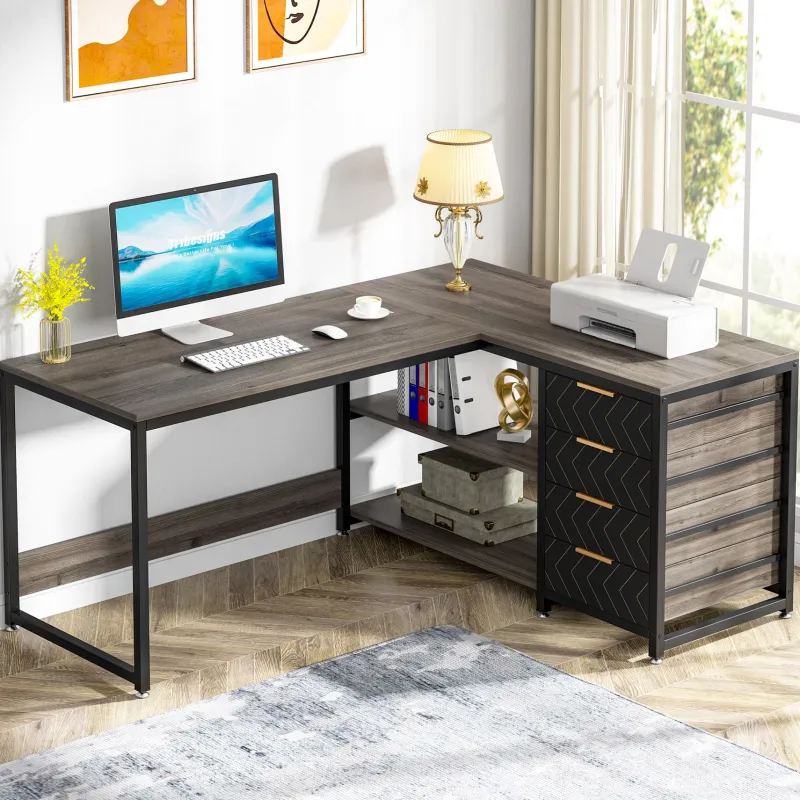 Tribesigns Desks*59" L-Shaped Desk, Reversible Corner Desk with Drawers & Shelves