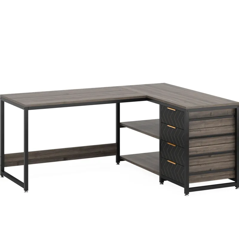 Tribesigns Desks*59" L-Shaped Desk, Reversible Corner Desk with Drawers & Shelves