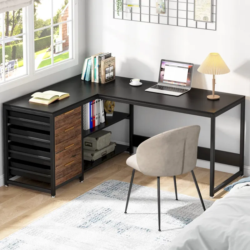 Tribesigns Desks*59" L-Shaped Desk, Reversible Corner Desk with Drawers & Shelves