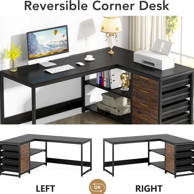 Tribesigns Desks*59" L-Shaped Desk, Reversible Corner Desk with Drawers & Shelves